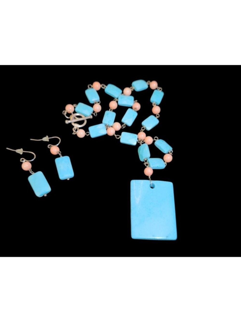 Turquoise Color Bead Necklace Earrings Set 925 Sterling Toggle Clasp Boho Statem